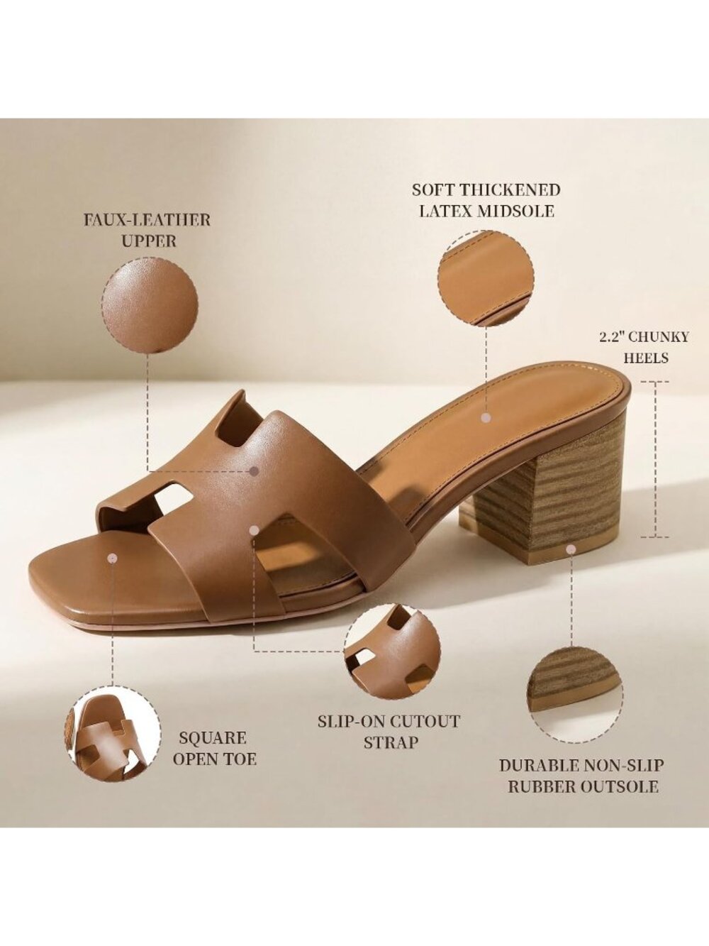 Women's Brown Square Open Toe Low Block Chunky Heels Slip On Slides Sandals - Picture 6 of 7